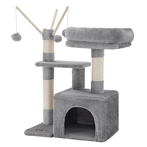 Feandrea Árbol para Gatos, Torre Pequeño de Gatos con Plataforma Acolchada, Cueva para Gatos, 3 Pompones, Centro de Actividades para Gatos, Gris Claro MPCT121W01