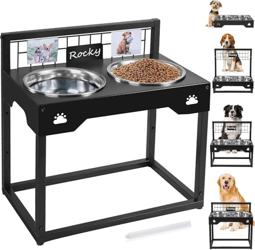 SIMPLE ESPACIO Elevated Dog Bowls, Dog Bowls Elevated, Dog Bowl Stand de Altura Ajustable con Etiqueta con Nombre y 2 Cuencos de Comida de Acero Inoxidable, para Perros Grandes, Medianos y Pequeños.