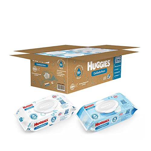 Huggies Cuidado Puro Toallas Húmedas para Bebé, Caja con 640 Piezas (8 paquetes de 80 toallitas c/u)