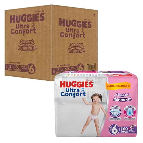 Huggies Ultra Confort Pañal Desechable para Bebé, Etapa 6, Niña, Caja con 180 Piezas, Ideal para niñas de más de 13.5 kg