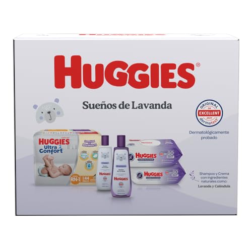 HUGGIES Baby Set Sueños de Lavanda, Caja con 1 Paquete de Huggies UltraConfort RN-1 de 44 pzs, 2 Paquetes Toallitas Húmedas Humectante 80’s, 1 Crema HUGGIES Lavanda 250ml y 1 Shampoo Lavanda 250ml