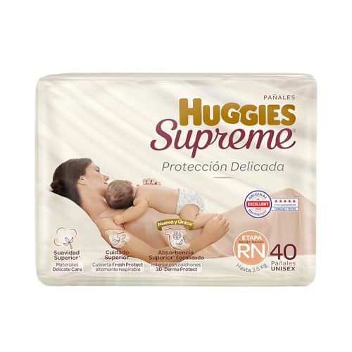 Huggies Supreme Pañal Desechable para Bebé, Etapa Recién Nacido Unisex, 40 Piezas, Ideal para Bebés de hasta 3.5 kg