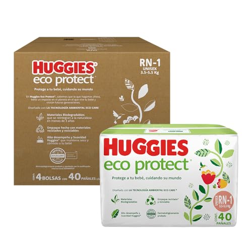 Huggies Eco Protect Pañal Desechable para bebé, Unisex, Etapa Recién Nacido - 1, Caja con 160 Pañales Desechables, Ideal para Bebés de 3 a 5.5 kilogramos