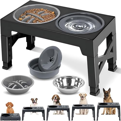 EKEJLI Cuencos elevados para Perros，Comedero Elevado para Perros con comedero Lento，Plegable，5 Alturas Ajustables，Comederos para Perros pequeño, Mediano y Grande, Gatos, Todo Tipo de Mascotas (Negro)