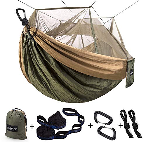 Single & Double Camping Hammock with Net, Portable Outdoor Tree Hammock 2 Person Hammock for Camping Backpacking Survival Travel, 10ft Hammock Tree Straps and 2 Carabiners, Easy to Setup