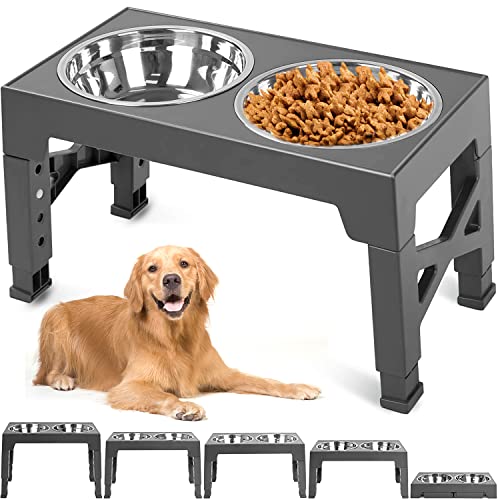 MCSWKEY Cuenco Elevado para Perro y Gato, Comedero Elevado de 5 Alturas Ajustable Perro, Comedero Doble con 1.1L Cuencos de Acero Inoxidable para Mascotas, Comedores Elevados para Perros