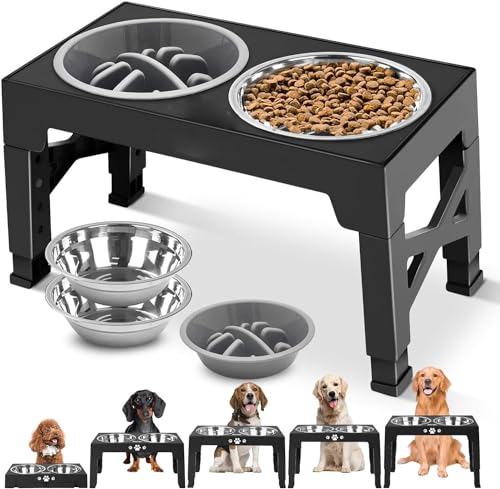 LUANMA 3PCS Comedero para Perro（Stainless Steel Bowl*2+Plato para Alimentación Lenta*1）, Cuenco Elevado para Perros,Soporte Elevado para Cuencospara Perros y Mascotas pequeños, medianos y Grandes