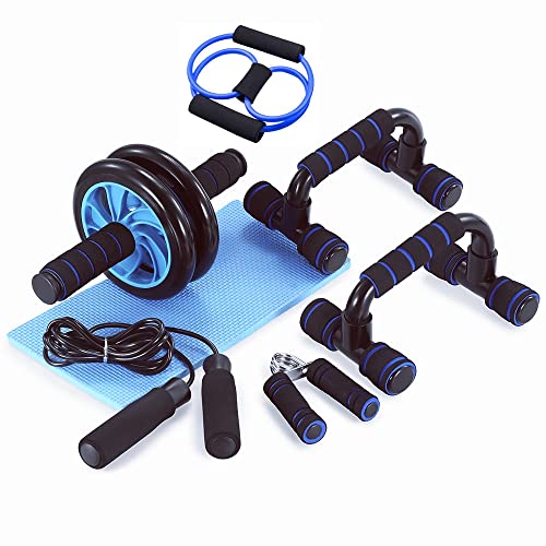 Kit de Fitness con Rodillo de Abdominal Conjunto de 7 piezas, Kit de Fitness con AB Roller Wheel, abdominales de doble rueda, rodilleras, figura 8, cuerda y almohadilla de rodilla para saltar y empuñaduras- perfecto para desarrollar fuerza central y abdominales